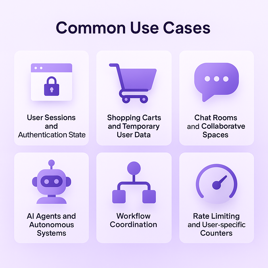 Common use cases for Raindrop Actors including user sessions, shopping carts, chat rooms, and workflow coordination
