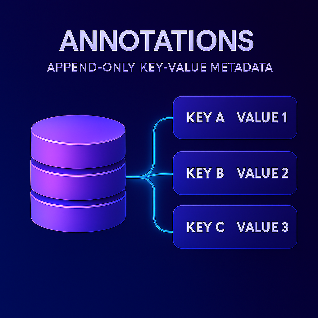 Raindrop annotations as key-value metadata with append-only history for AI applications