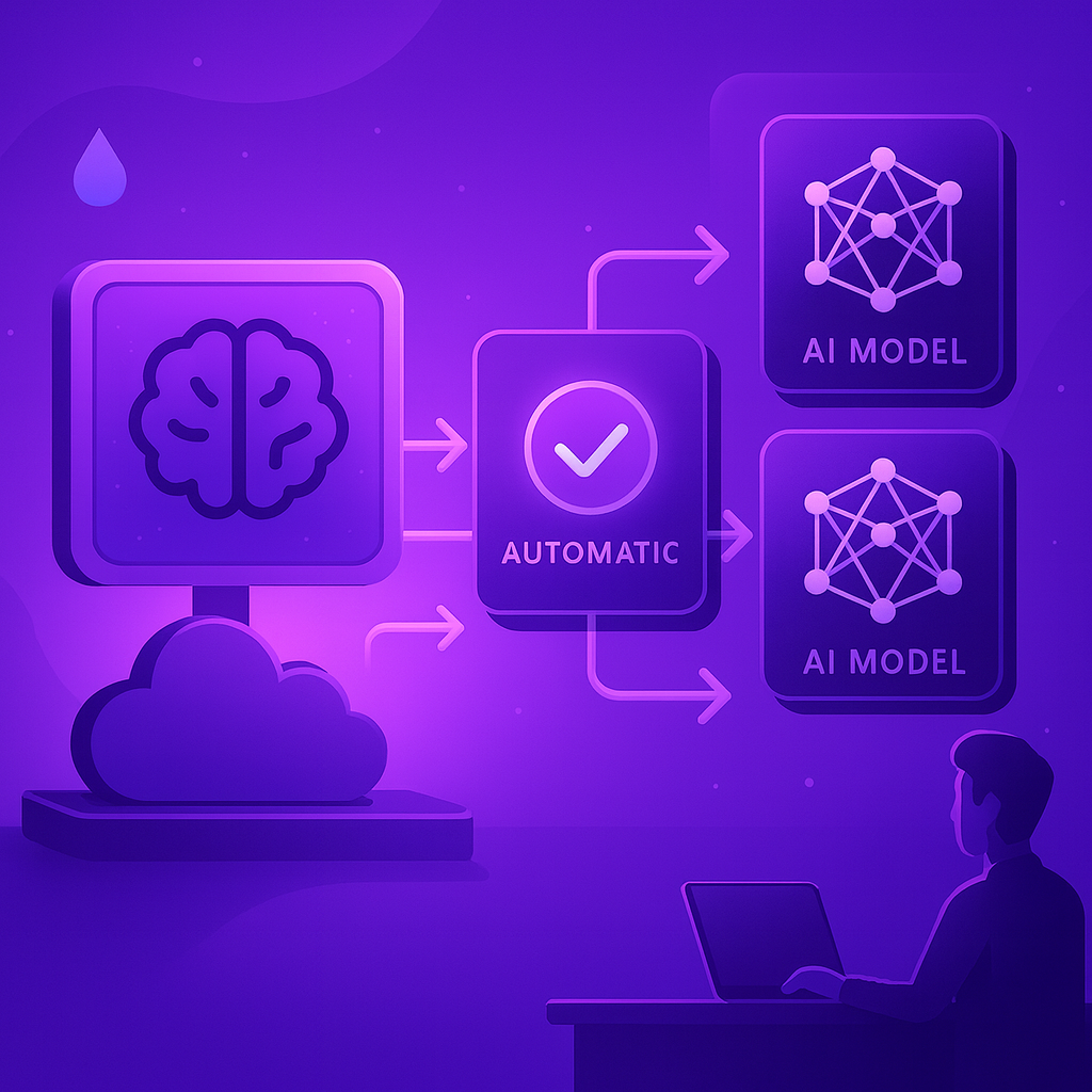 Illustration of SmartInference technology showing intelligent model selection and routing capabilities. SmartInference is the missing piece that makes AI Application building fast, flexible, and cost-effective.